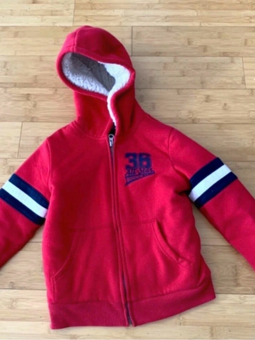 The Children's Place Red Hooded Zip Sweatshirt with Navy & White Stripes